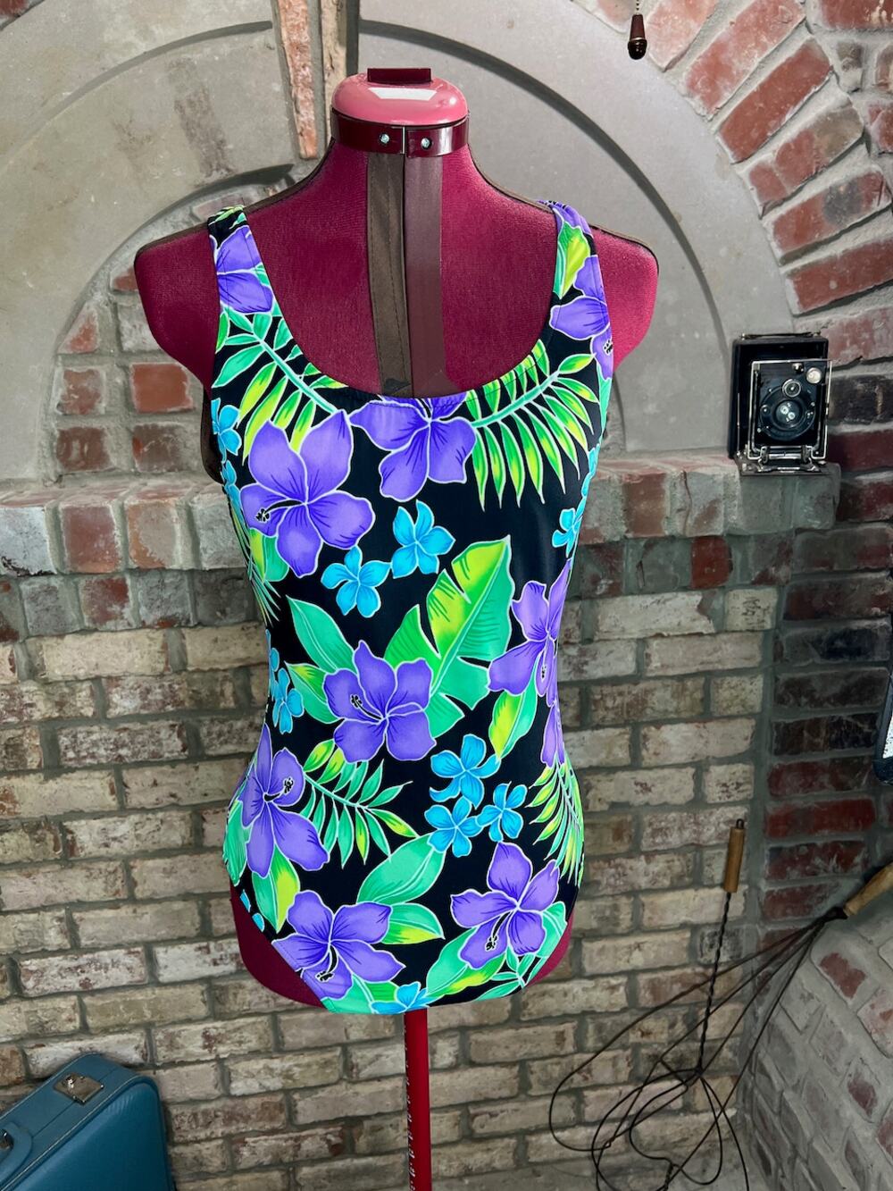 one piece swimsuit floral bright purple green blue